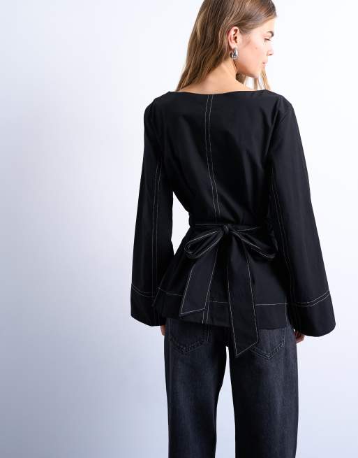 Topshop - Top manches longues noué à la taille avec coutures contrastantes - Noir, 2 de 4
