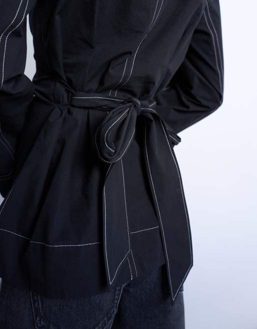 Topshop - Top manches longues noué à la taille avec coutures contrastantes - Noir, 3 de 4
