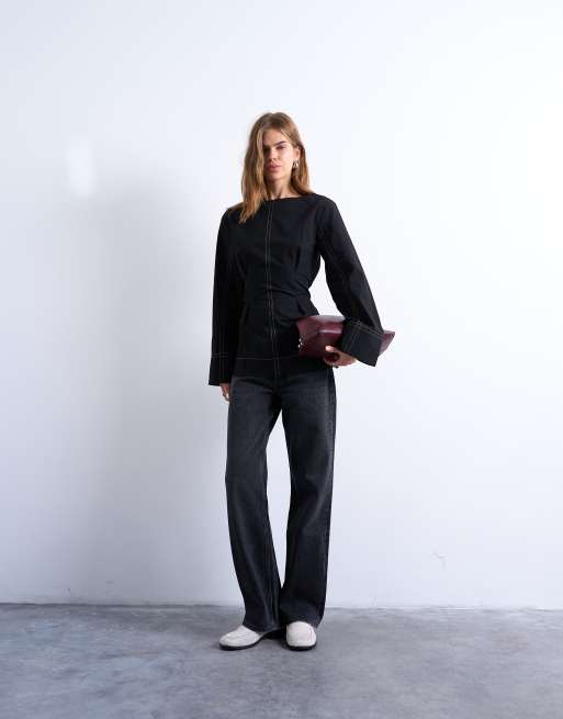Topshop - Top manches longues noué à la taille avec coutures contrastantes - Noir, 4 de 4