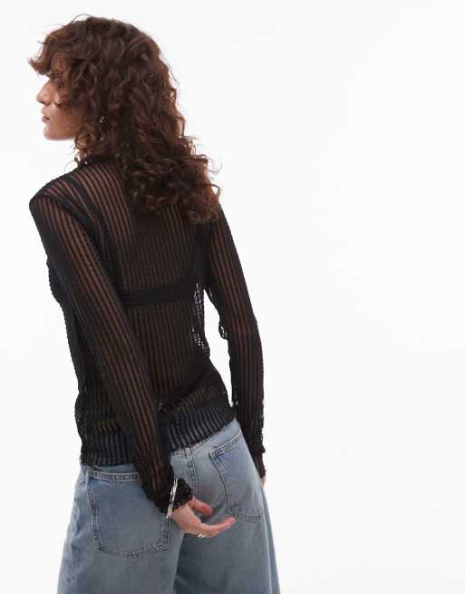 Topshop - Top manches longues transparent et texturé à rayures - Noir, 2 de 4