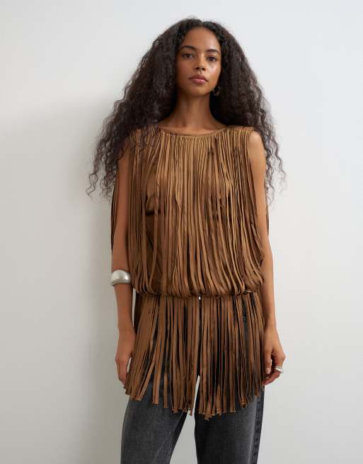 Topshop - top marrón con detalle de flecos, 4 de 4