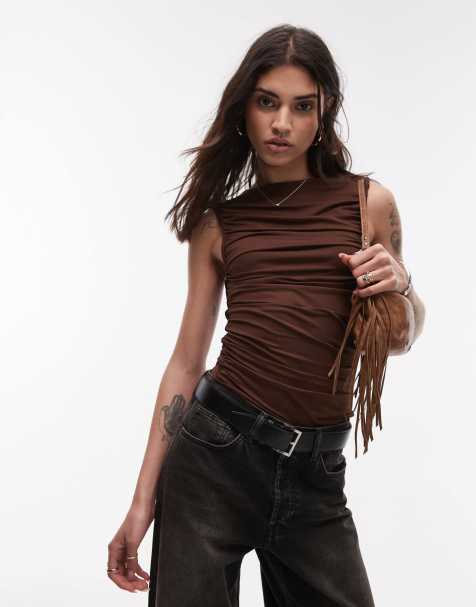 Topshop - Top marrone in jersey arricciato con scollo a barchetta - view 1