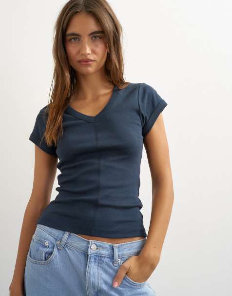 Topshop top med dyb rund hals og baby tee i navy - view 1