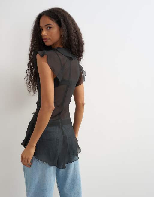 Topshop top med flæser og v-hals i sort, 4 af 4
