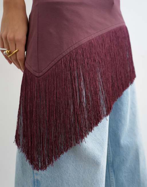 Topshop top med frynsekant og asymmetrisk kant i plum, 4 af 4