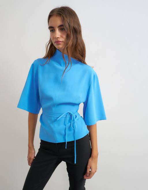 Topshop top med høj hals og bindedetalje, korte ærmer, blå, 4 af 4