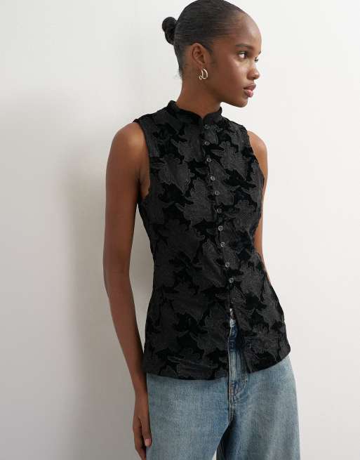 Topshop top med mandarin-krave, blonder og velour, med knaplukning, longline, sort, 2 af 4