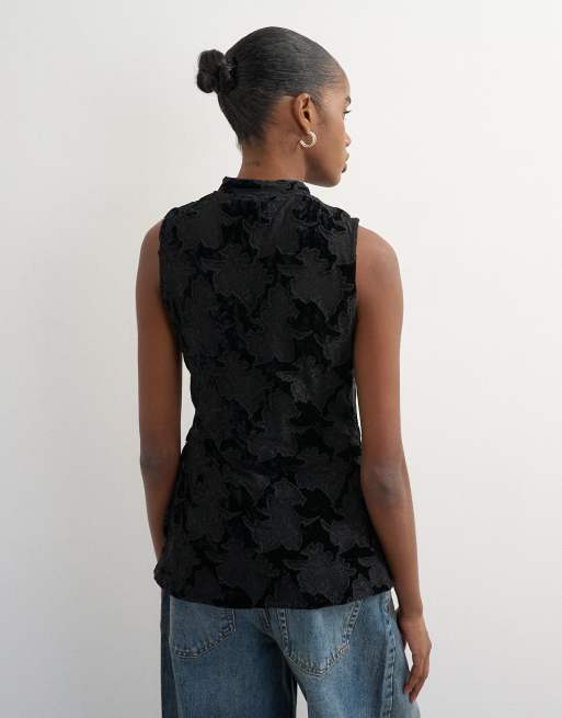 Topshop top med mandarin-krave, blonder og velour, med knaplukning, longline, sort, 3 af 4