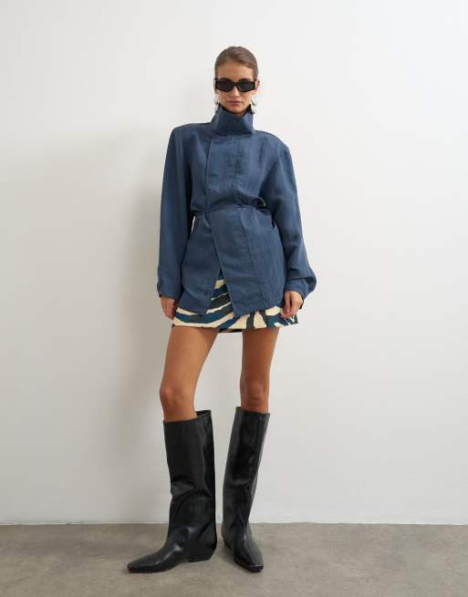 Topshop top med ståkrave og bindebånd i navy med selvstriber, 4 af 4