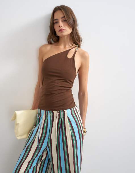 Topshop - Top met blote schouder en bandje met kralen in chocoladebruin - view 1