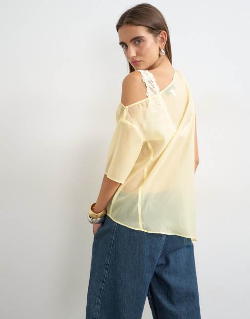 Topshop top met blote schouder van organza in citroengeel, 3 van 4
