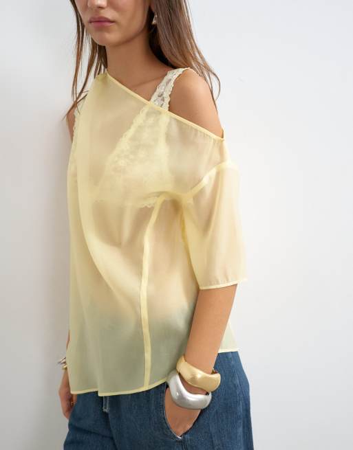 Topshop top met blote schouder van organza in citroengeel, 4 van 4
