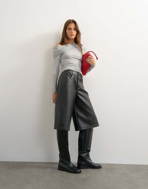 Topshop top met blote schouders, gerimpeld, lange mouwen, grijs gemêleerd, 4 van 4