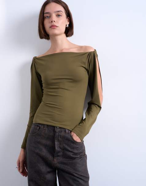 Topshop - Top met gedraaid schouderdetail en lange mouwen in bruin - view 1