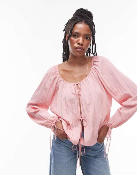 Topshop - Top met gerimpelde striksluiting aan de voorkant in roze - view 1
