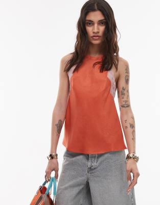 Topshop - Top met halternek in diep oranje met roze kant