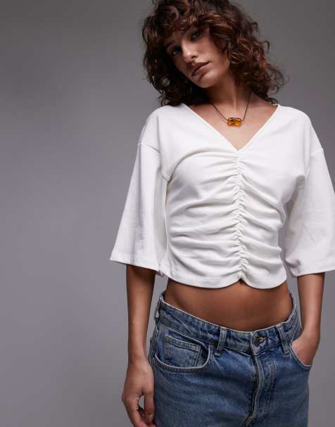 Topshop - Top met korte mouwen, rimpeleffect en v-hals in ivoorwit - view 1