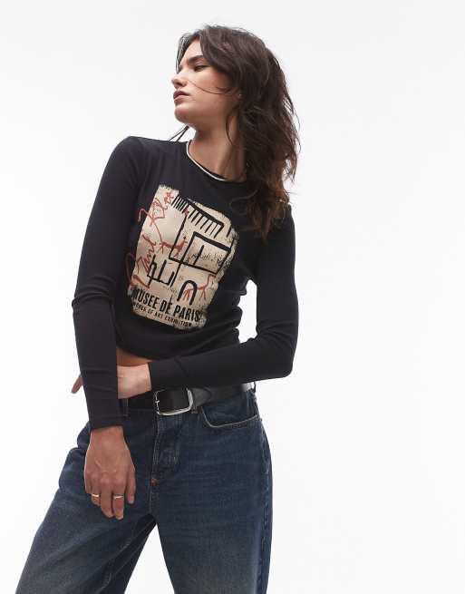 Topshop - Top met lange mouwen en gelicenseerde Paul Klee-print in antraciet