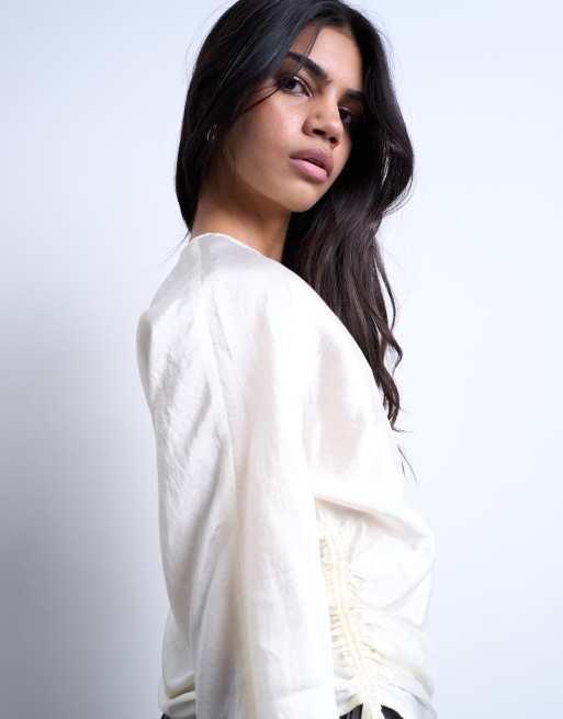 Topshop - Top met lange mouwen en gerimpelde zijkant in wit, 2 van 4