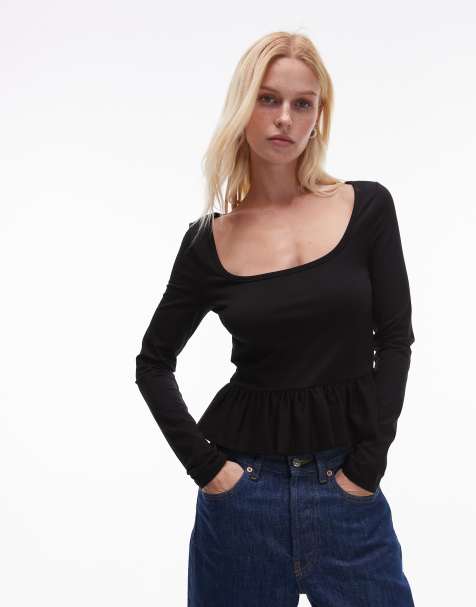 Topshop - Top met lange mouwen en peplum in zwart - view 1