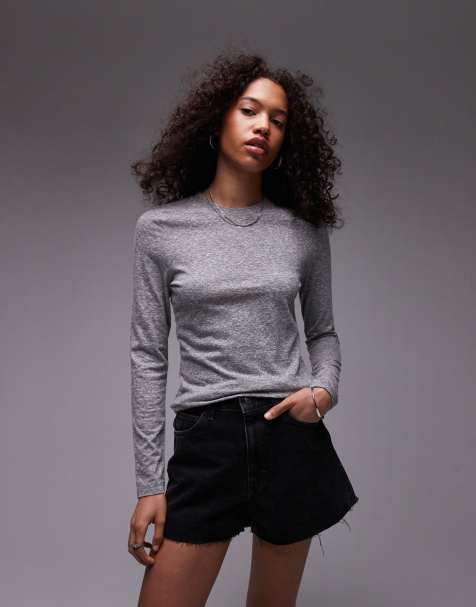 Topshop - Top met lange mouwen en ronde hals in gemêleerd grijs - view 1