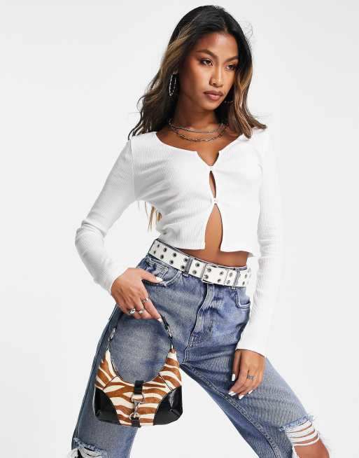 Topshop - Top met lange mouwen, knoopsluiting en inkeping aan de voorkant in wit