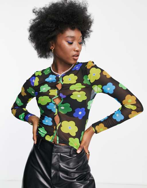 Topshop - Top met lange mouwen van gebloemd mesh in multi