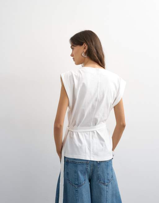 Topshop - Top met overslag en kapmouwtjes in ecru, 2 van 4