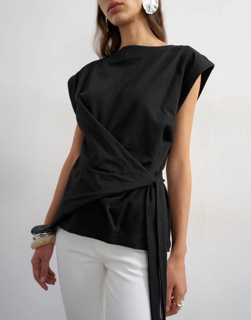 Topshop - Top met overslag en kapmouwtjes in zwart, 2 van 4