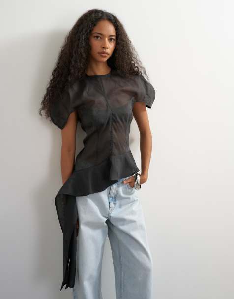 Topshop top met pofmouwen en organzaruches in zwart - view 1