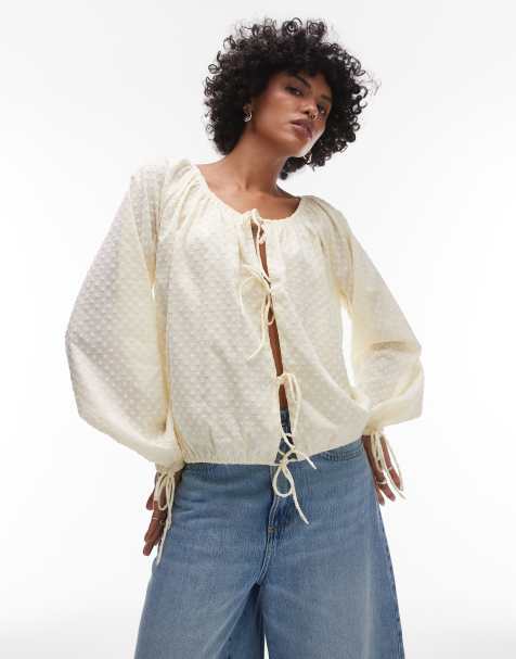 Topshop - Top met rimpeleffect en gestrikte voorkant in beige - view 1