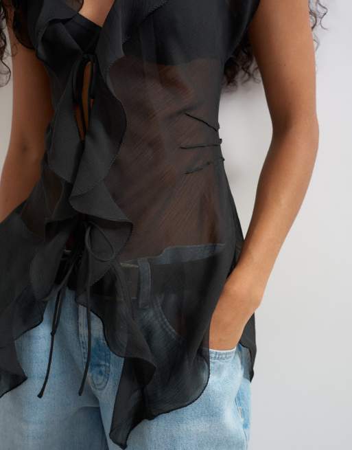 Topshop top met ruches en V-hals in zwart, 3 van 4