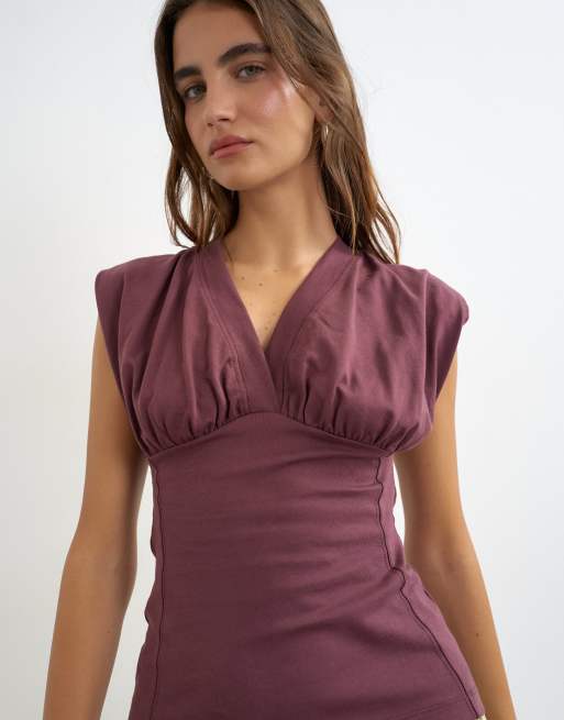 Topshop top met V-hals en getailleerde taille in pruim, 3 van 4
