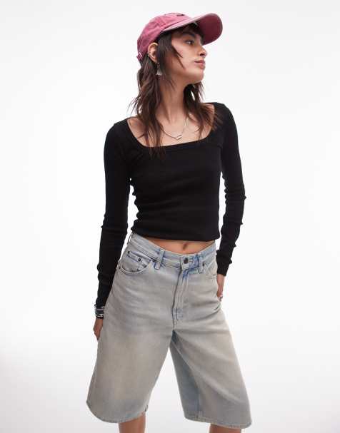 Topshop - Top met vierkante hals en lange mouwen in zwart - view 1
