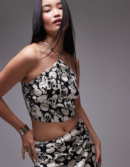 Topshop - Top monocromatico a fiori allacciato al collo in coordinato
