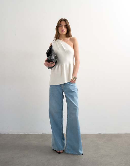 Topshop - Top monospalla a peplo compatto in maglia color avorio