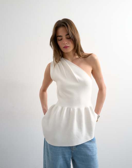 Topshop - Top monospalla a peplo compatto in maglia color avorio, 4 di 4