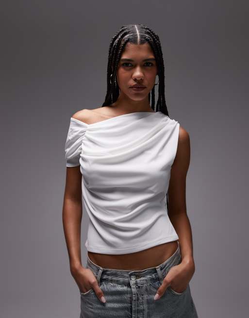 Topshop - Top monospalla color avorio con dettaglio arricciato