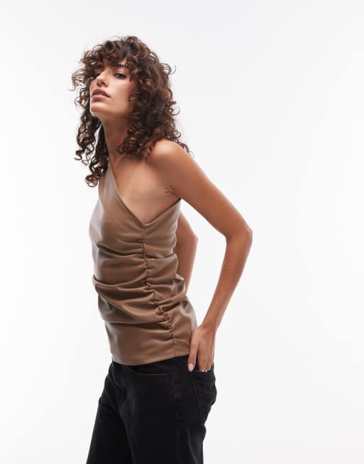 Topshop - Top monospalla color caffè in pelle sintetica
