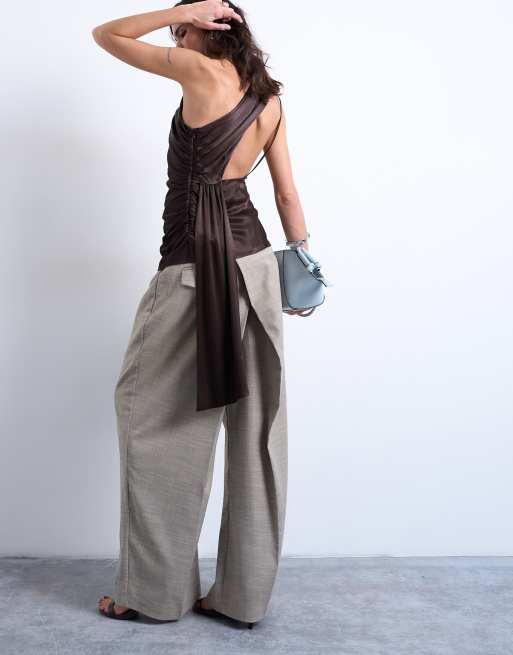 Topshop - Top monospalla color cioccolato con drappeggio sul retro, 2 di 4