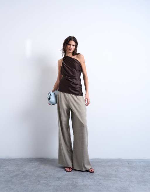 Topshop - Top monospalla color cioccolato con drappeggio sul retro, 3 di 4