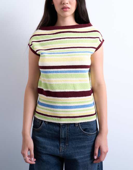 Topshop - Top monospalla in maglia a righe multicolore