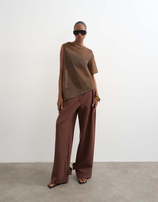 Topshop - Top monospalla in organza color cioccolato, 2 di 4