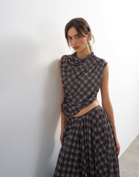 Topshop - Top morado a cuadros drapeado con lateral fruncido (parte de un conjunto) - view 1