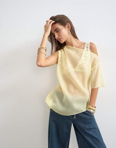 Topshop top na jedno ramię z organzy w kolorze lemon - view 1