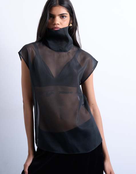 Topshop - Top negro transparente con cuello alzado de organza - view 1