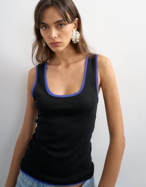 Topshop - Top negro y azul de tirantes con cuello alto y ribetes en contraste de malla - view 1