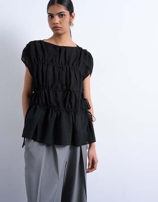 Topshop - Top nero a maniche corte con allacciatura con coulisse laterale, 3 di 4