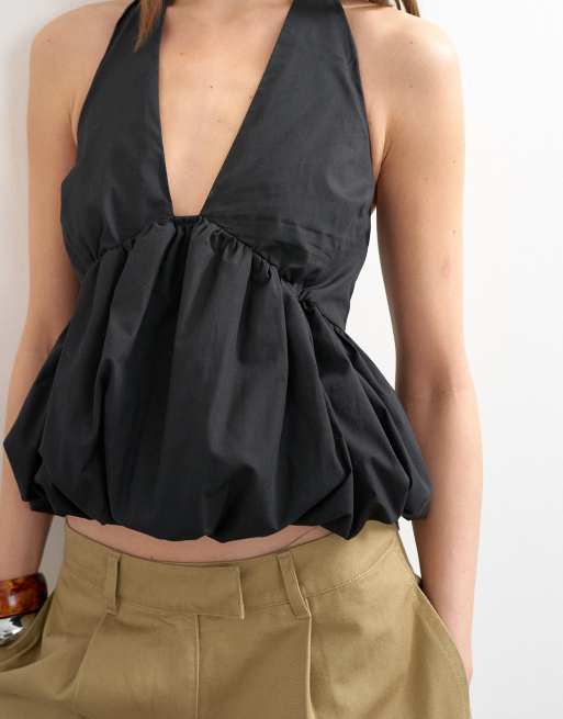 Topshop - Top nero allacciato al collo con fondo a palloncino, 2 di 4