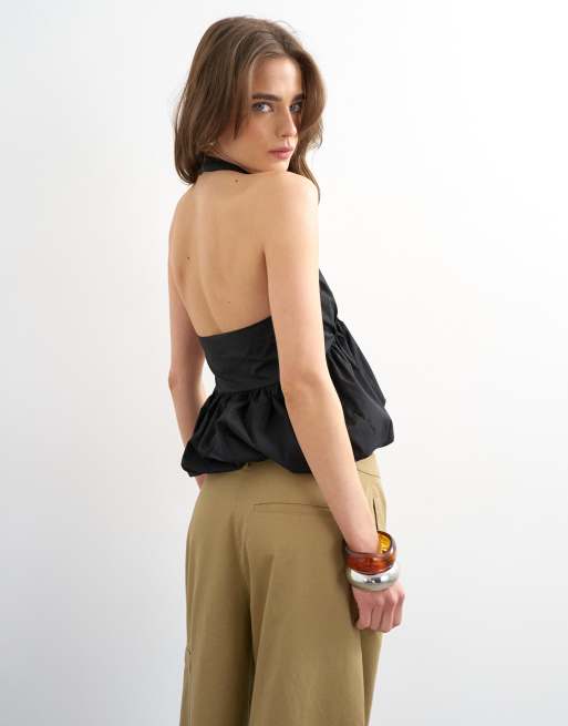 Topshop - Top nero allacciato al collo con fondo a palloncino, 3 di 4